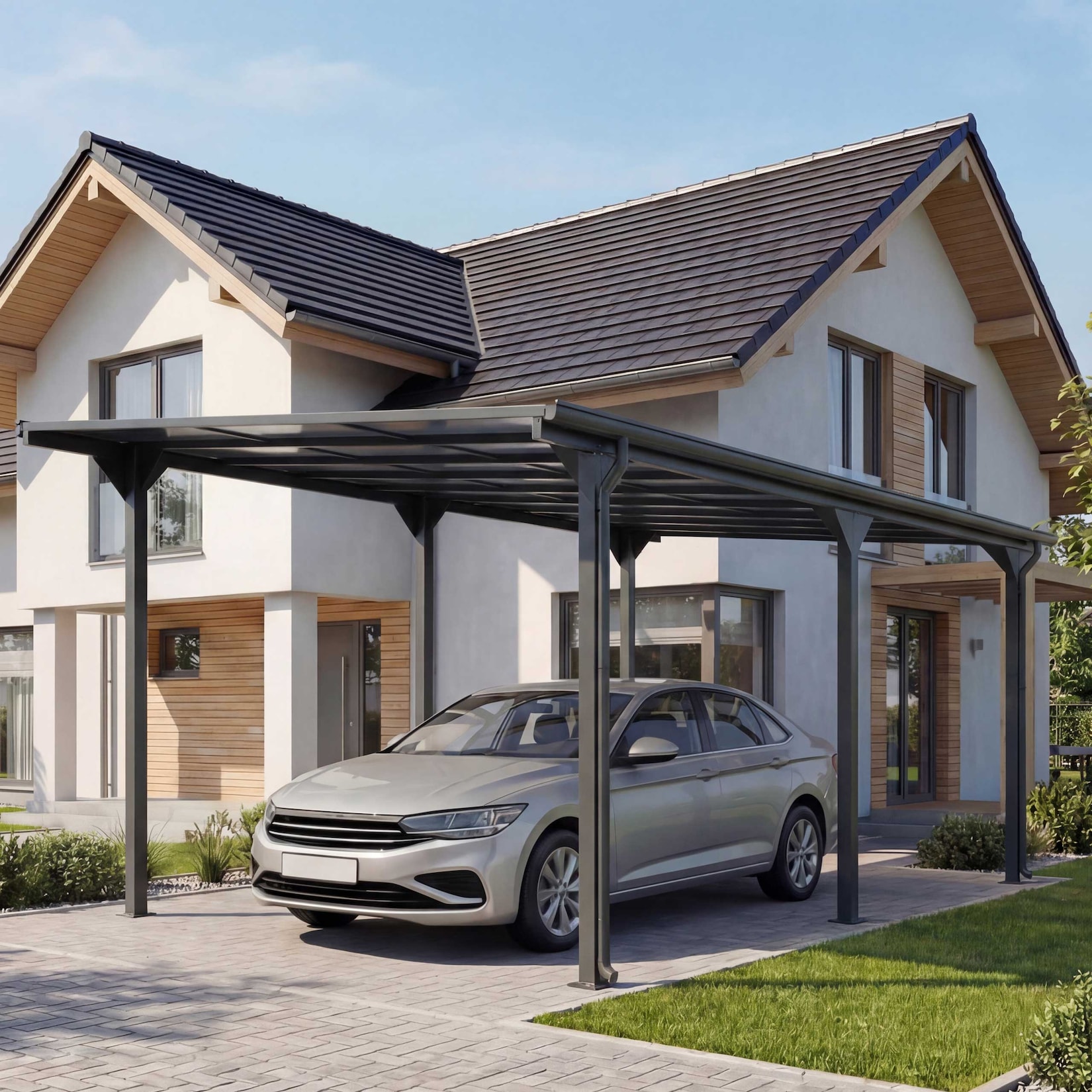 Alu-Carport MCW-O23, Autoüberdachung Garage Unterstand, 10cm-Gestell Polycarbonat-Dach Regenrinne, 3x6m ~ anthrazit