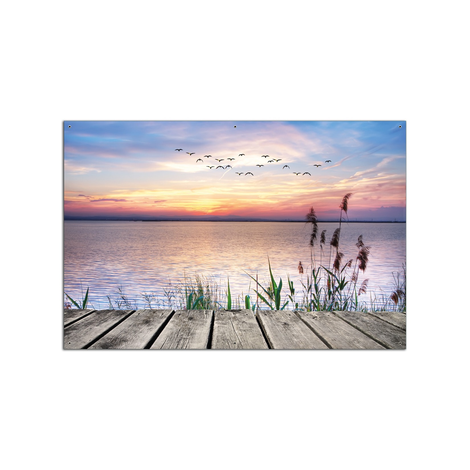 Wallario Gartenposter ca. 120 x 180 cm Seepanorama mit Schilf und fliegenden Vögeln