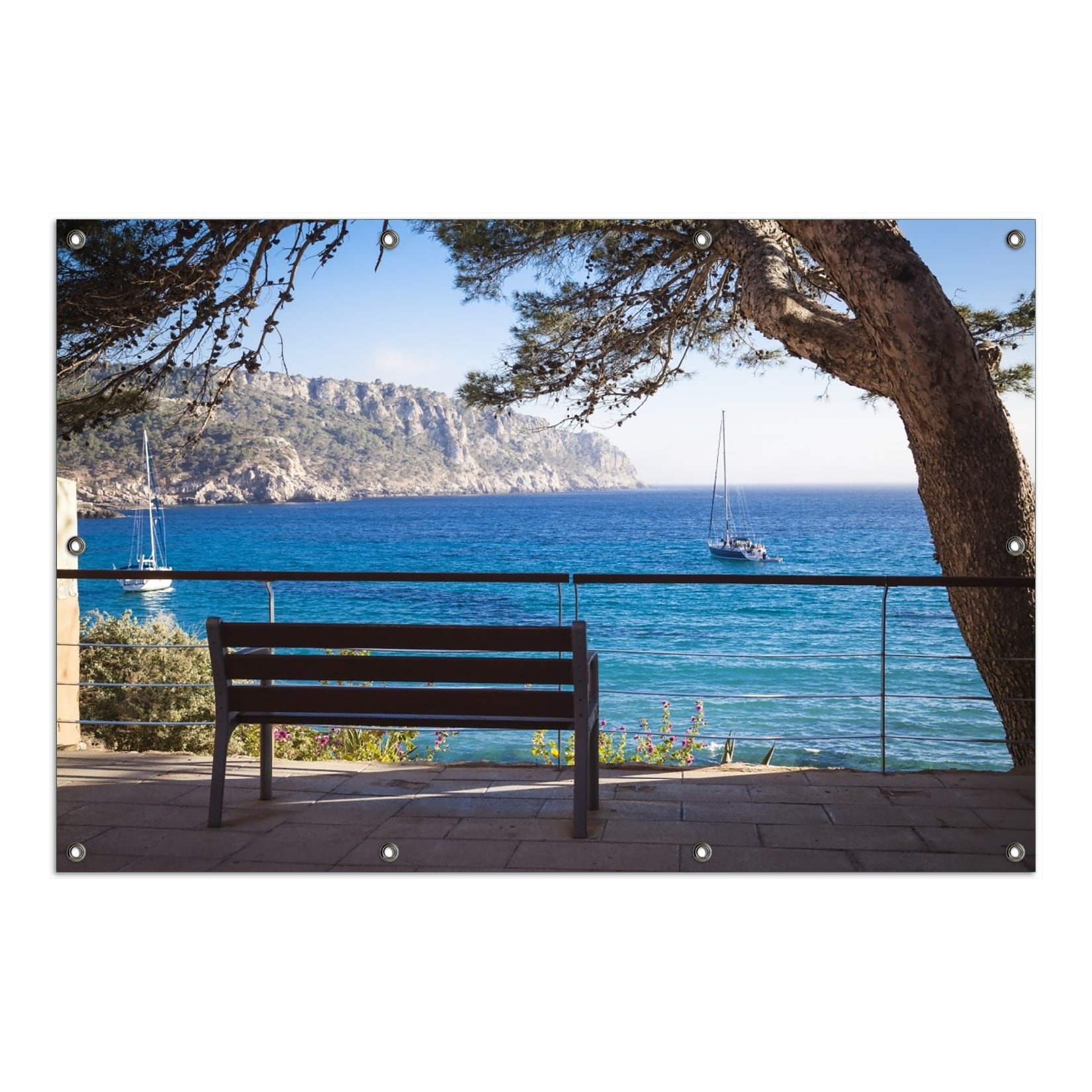 Wallario Gartenposter ca. 120 x 180 cm Einsame Bank am Meer - Spanien im Sommer