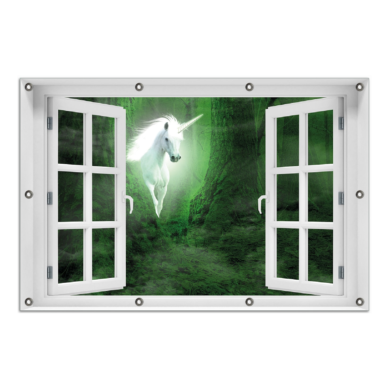 Wallario Gartenposter ca. 80 x 120 cm Fenster-Illusion Weißes Einhorn im grünen Wald
