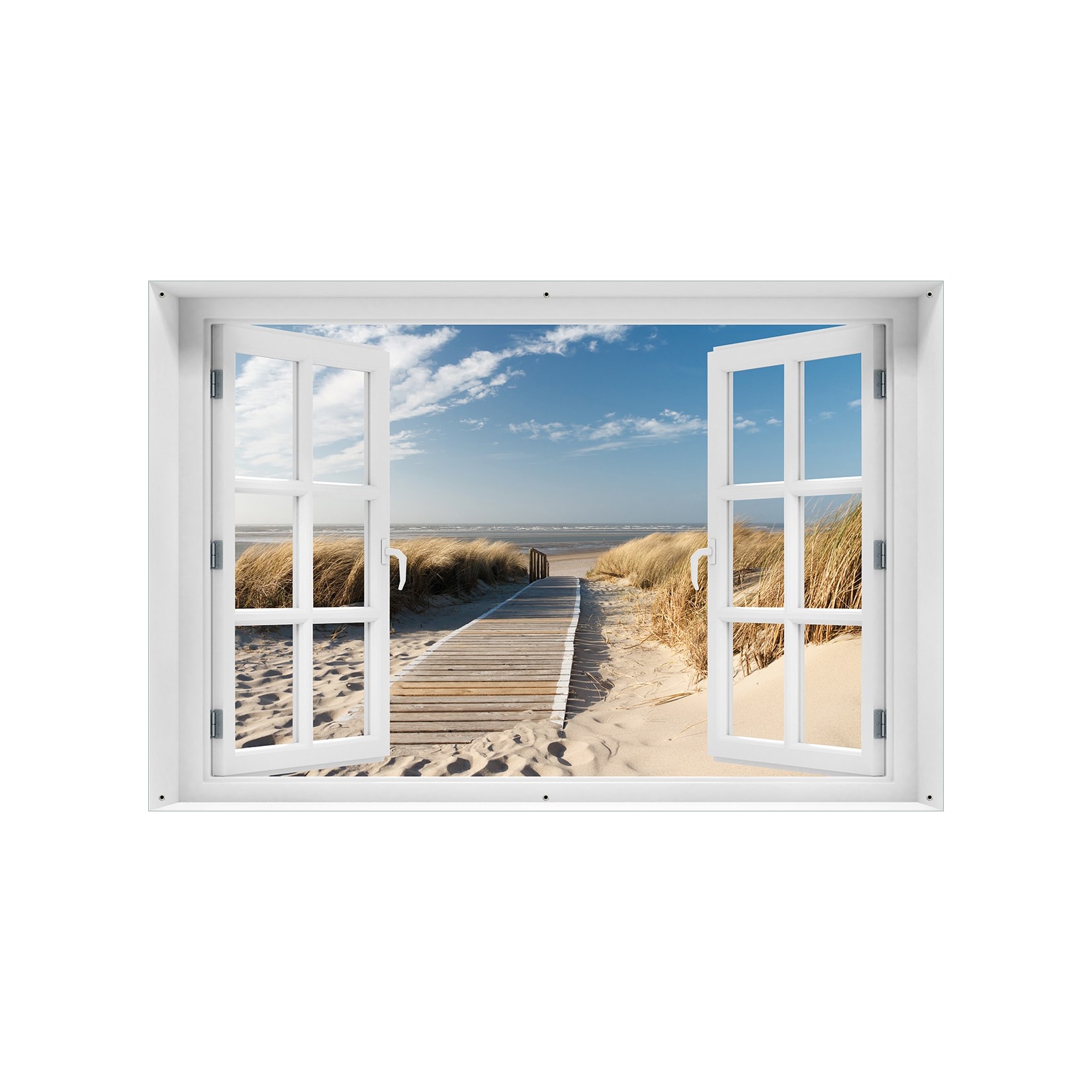 Wallario Gartenposter ca. 80 x 120 cm Fenster-Illusion Auf dem Holzweg zum Strand