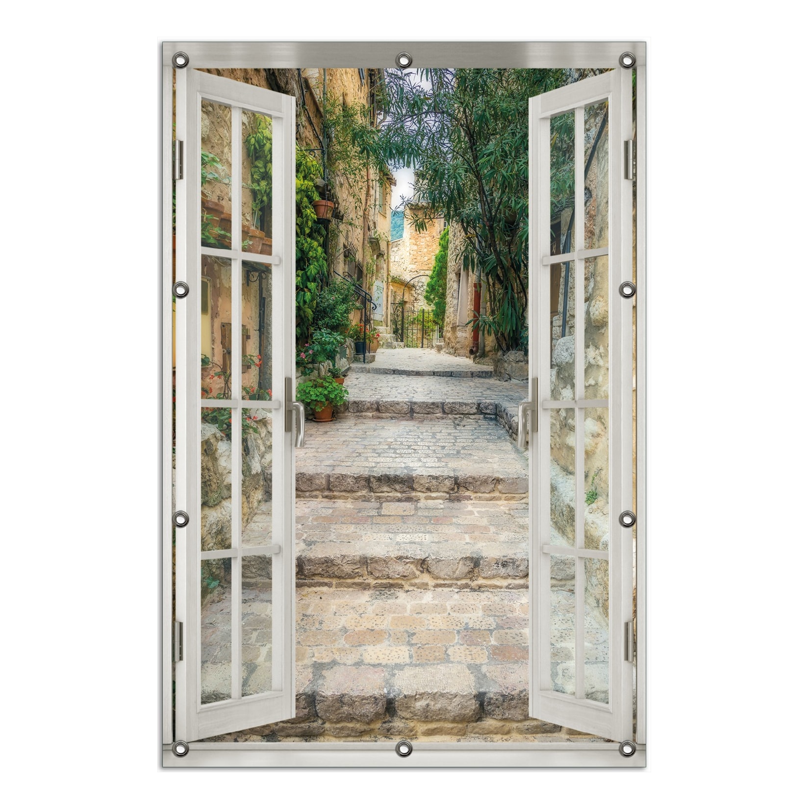 Wallario Gartenposter ca. 100 x 150 cm mit Fenster-Illusion Alte steinerne Gasse in Südfrankreich