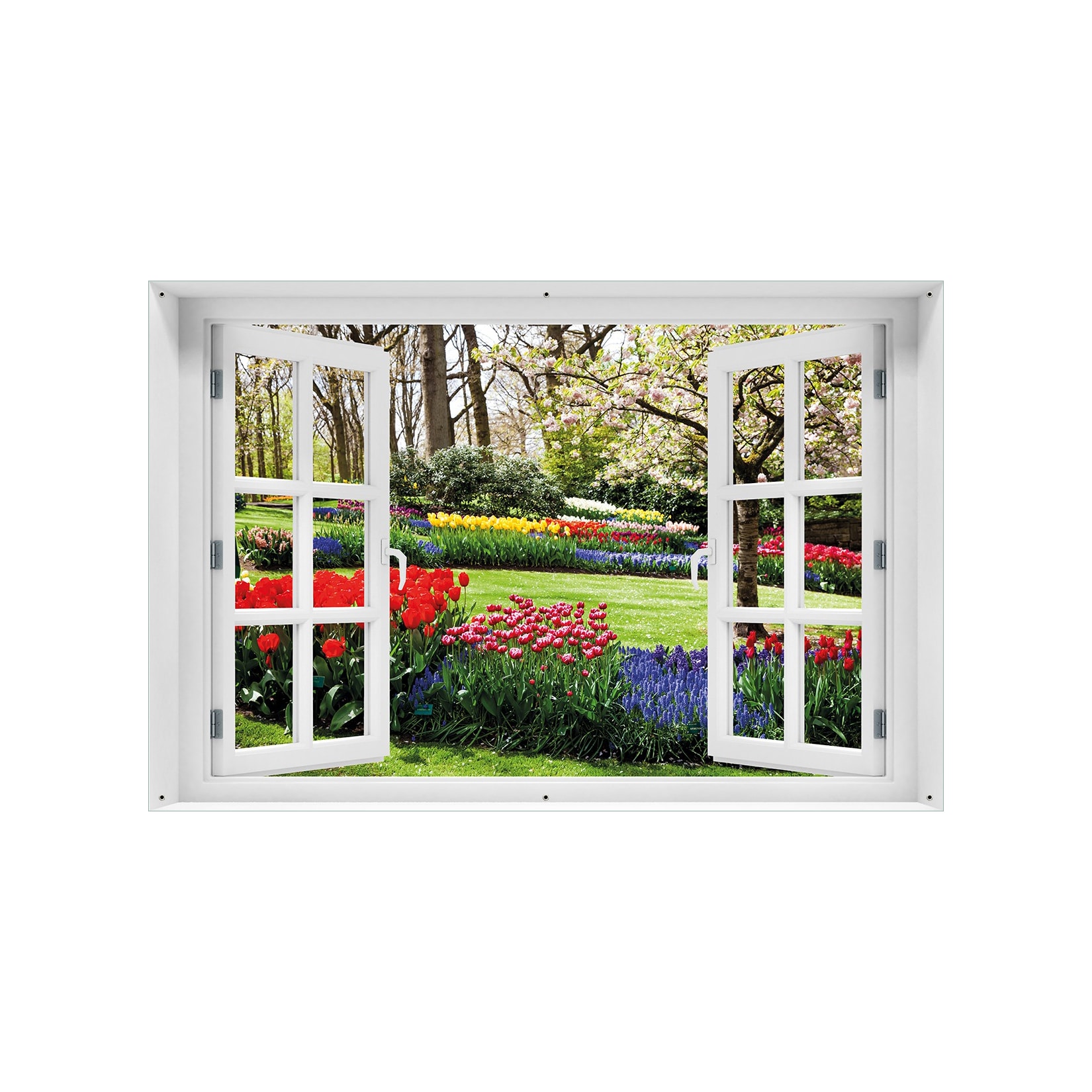 Wallario Gartenposter ca. 100 x 150 cm mit Fenster-Illusion Bunte Blumen und Kirsch-Baum im Park blühen im Frühling