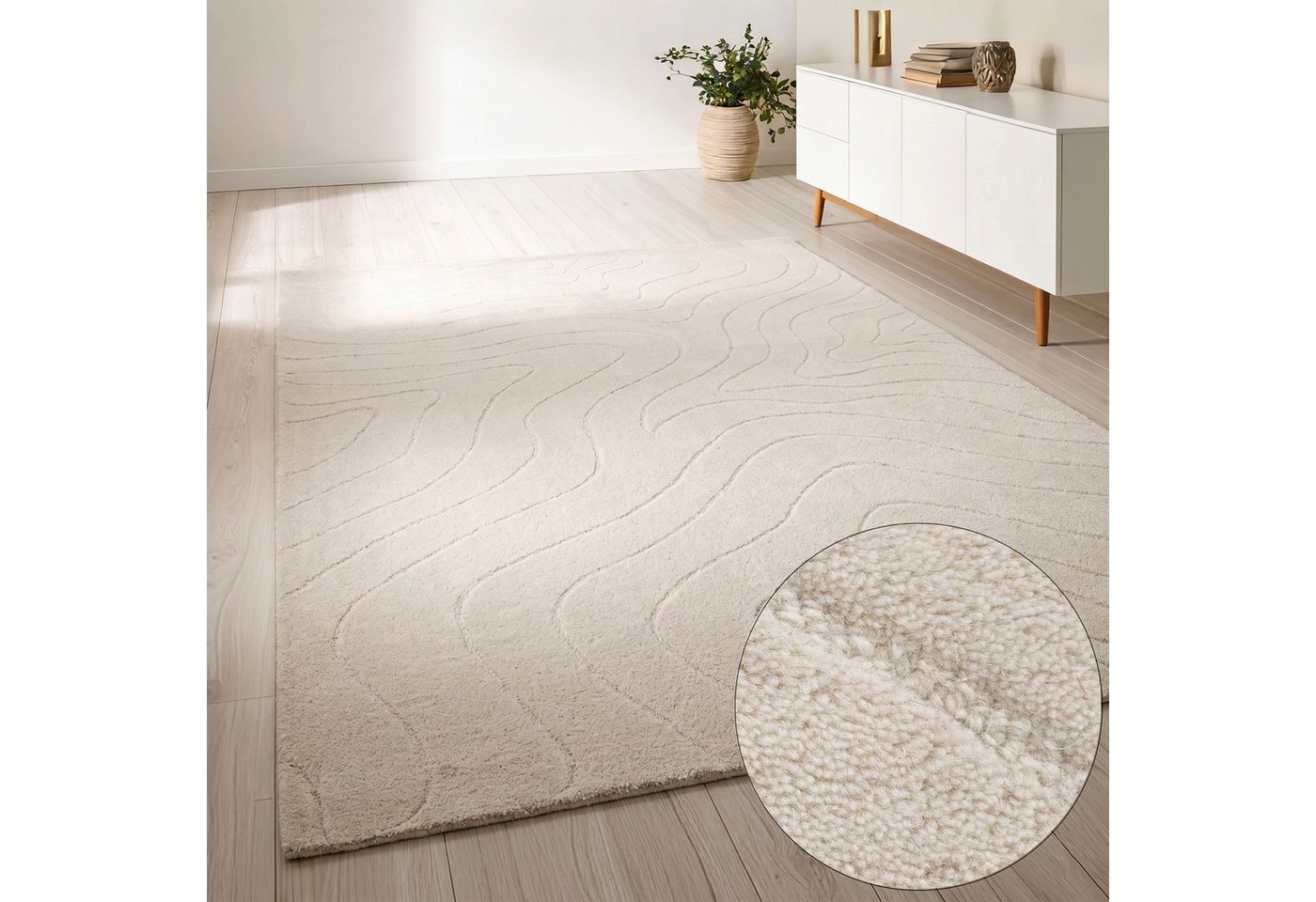 LeGer Home by Lena Gercke Wollteppich Zarrah, mit Wellendesign, Linienmuster, rechteckig, Höhe: 14 mm, reine Wolle, modern, Scandi, Wohnzimmer, Schlafzimmer, Esszimmer