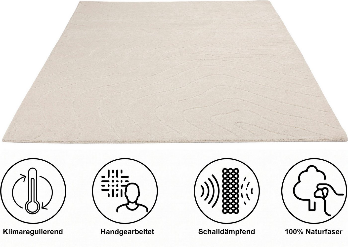 LeGer Home by Lena Gercke Wollteppich Zarrah, mit Wellendesign, Linienmuster, rechteckig, Höhe: 14 mm, reine Wolle, modern, Scandi, Wohnzimmer, Schlafzimmer, Esszimmer Bild 2