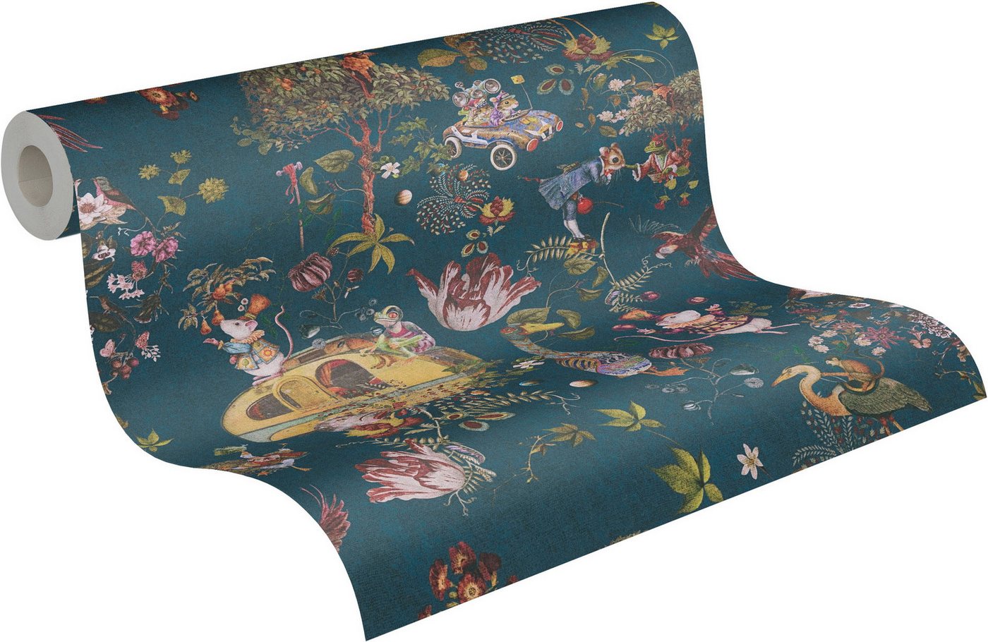 A.S. Création Vliestapete Fantasievolle Märchen, leicht strukturiert, Motiv, Vliestapete Märchen Wohnwagen Kindermotiv, Blau, Bunt und Schwarz