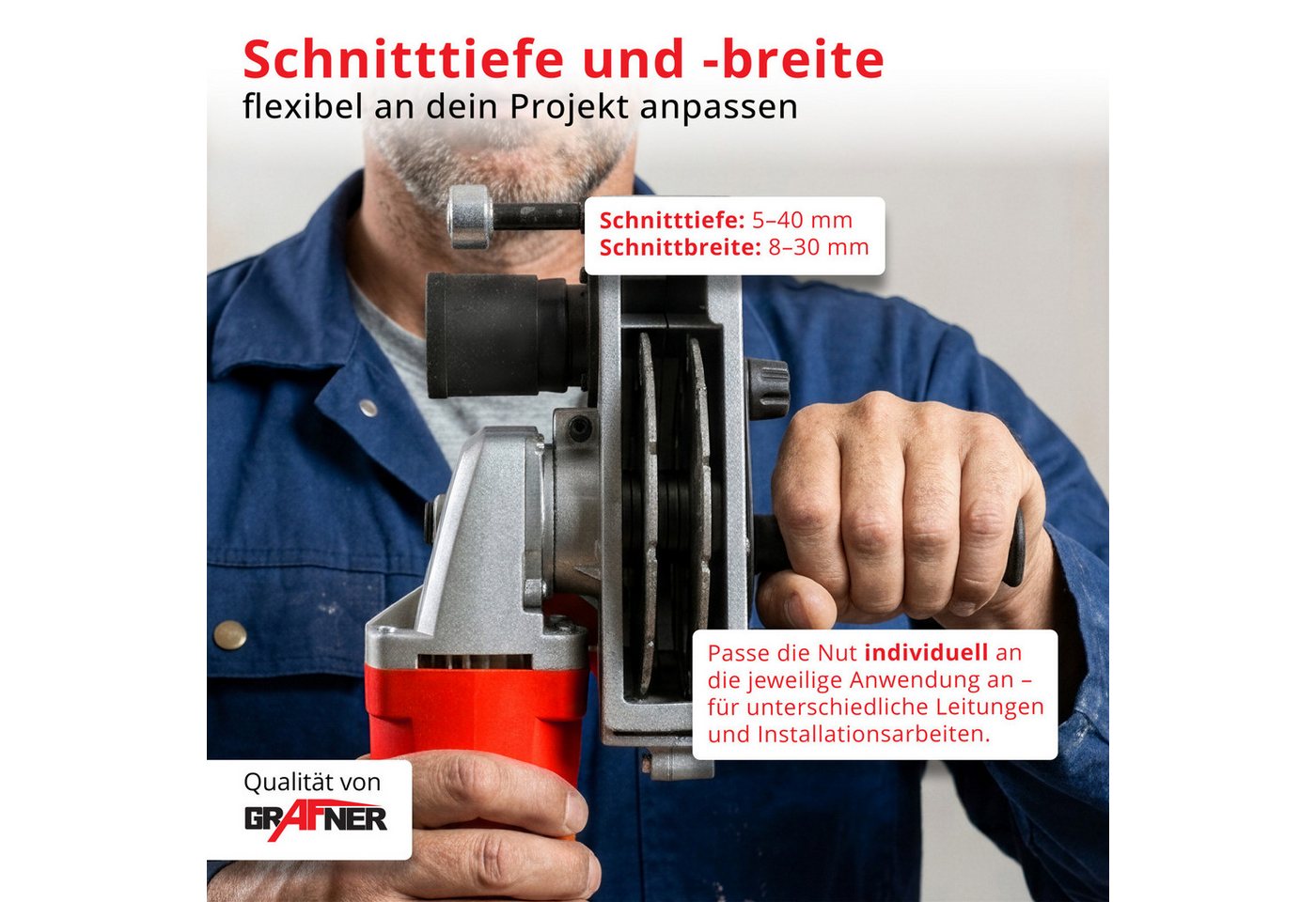 Grafner Mauernutfräse Grafner® Profi Mauernutfräse, kraftvolle 1800 Watt mit 8000 U/min, Nut, inkl. 6 Diamant-Trennscheiben