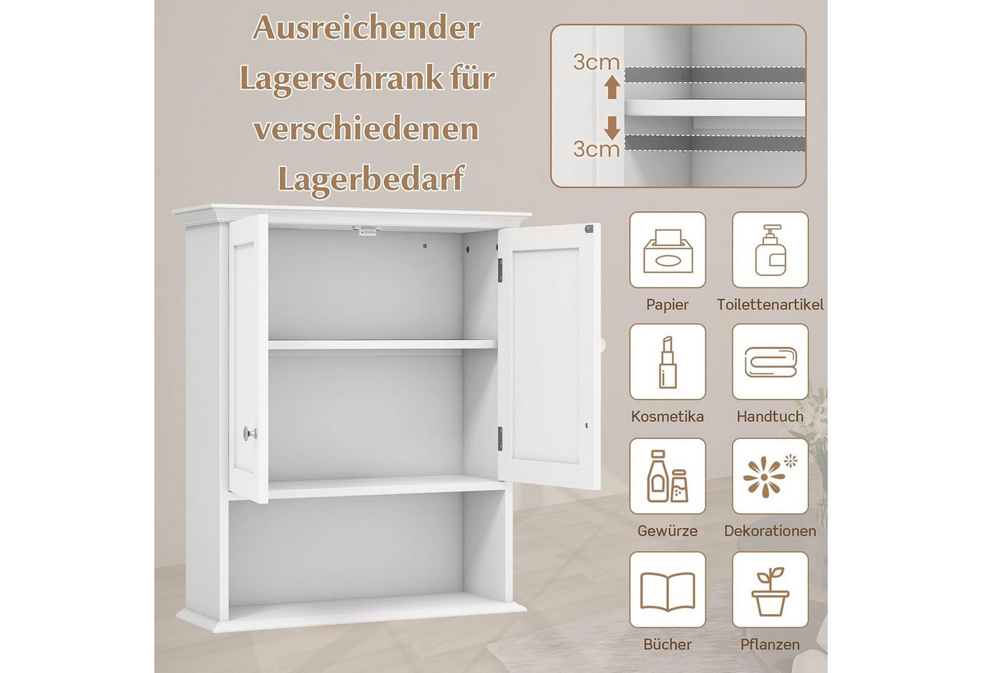KOMFOTTEU Hängeschrank Badschrank Holz mit verstellbarem Regal,60×19×71cm