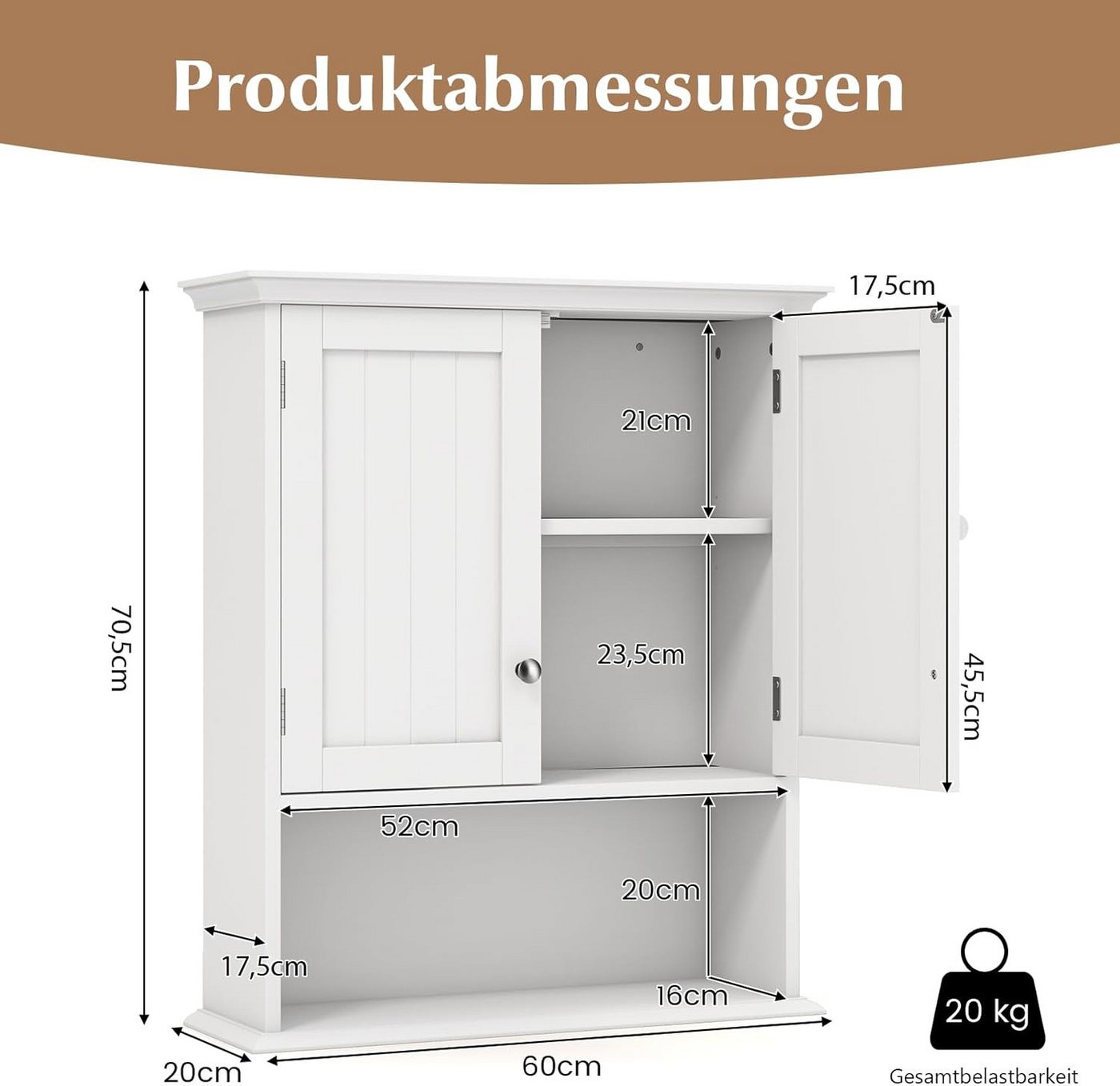 KOMFOTTEU Hängeschrank Badschrank Holz mit verstellbarem Regal,60×19×71cm Bild 3