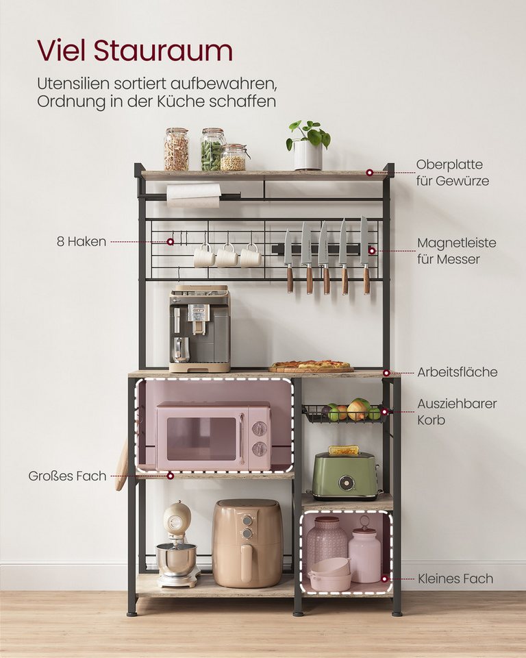VASAGLE Standregal Küchenregal, 12 Haken, Küchenregal, mit Magnetleiste für Messer, Drahtkorb, Rollenhalter Bild 4