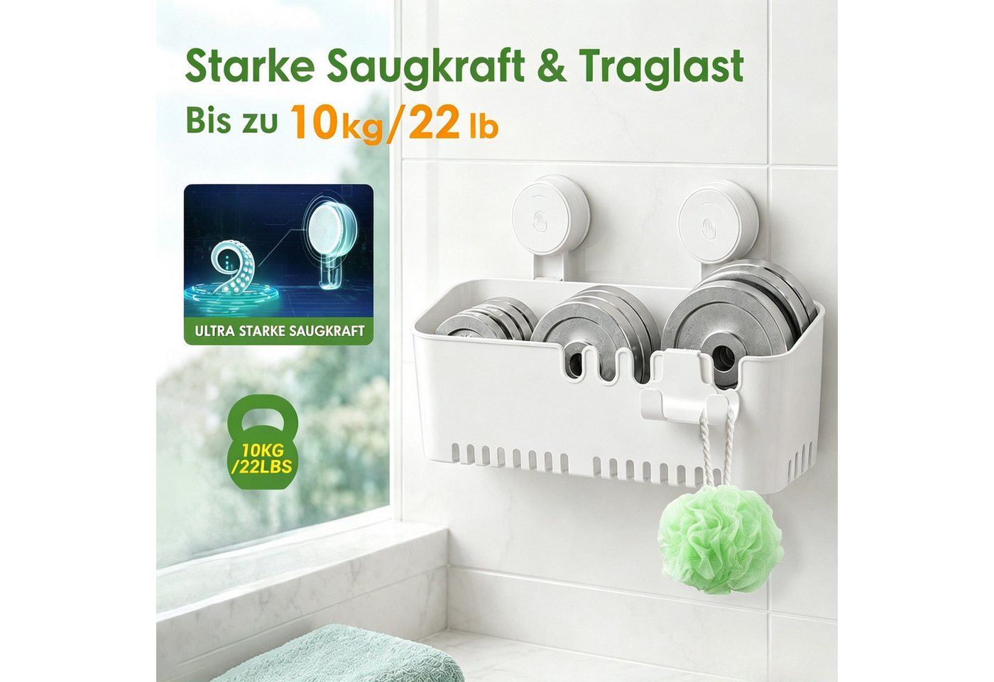 Elegear Duschablage duschablage ohne bohren, Kunststoff, 10KG, Badregal & Küchenregal, 1-tlg., Weiß duschablage hängend ohne bohren, bad, Regal Organizer Küche Bild 4
