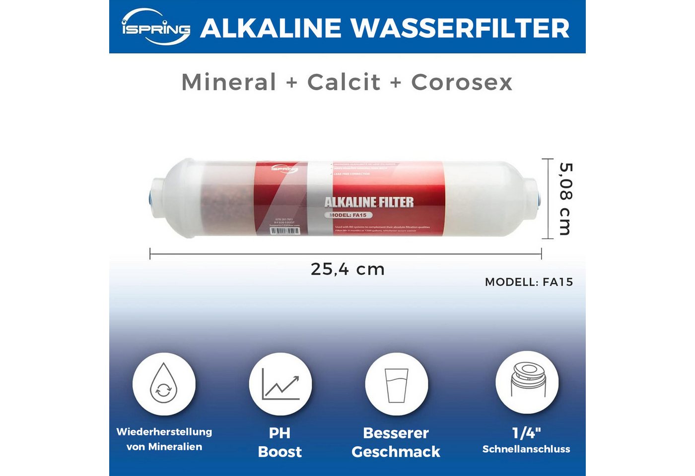 iSpring Ersatzfilter FA15 Alkalisierende Mineralpatrone für RO-Anlagen, 25 cm, mit Calcit & Mineralkugeln Bild 2