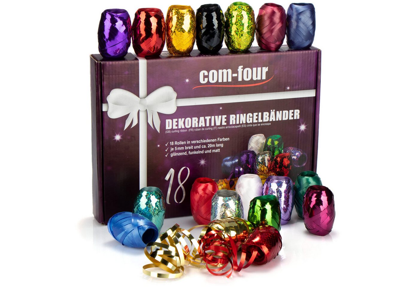 com-four Geschenkband Glitzer Ringelband in verschiedenen Farben, hochwertiges Geschenkband-Set, Polyband im stabilen Geschenk-Karton Bild 2