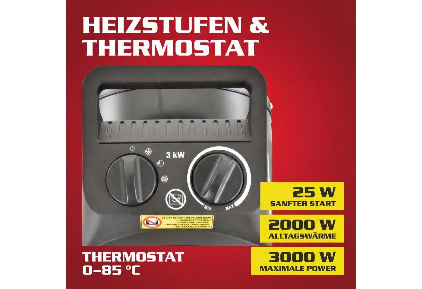 Hecht Keramikheizlüfter Heizgerät Heizung 3542 & 3543, 3000 W, 3 Stufen, Tragegriff, Überhitzungsschutz