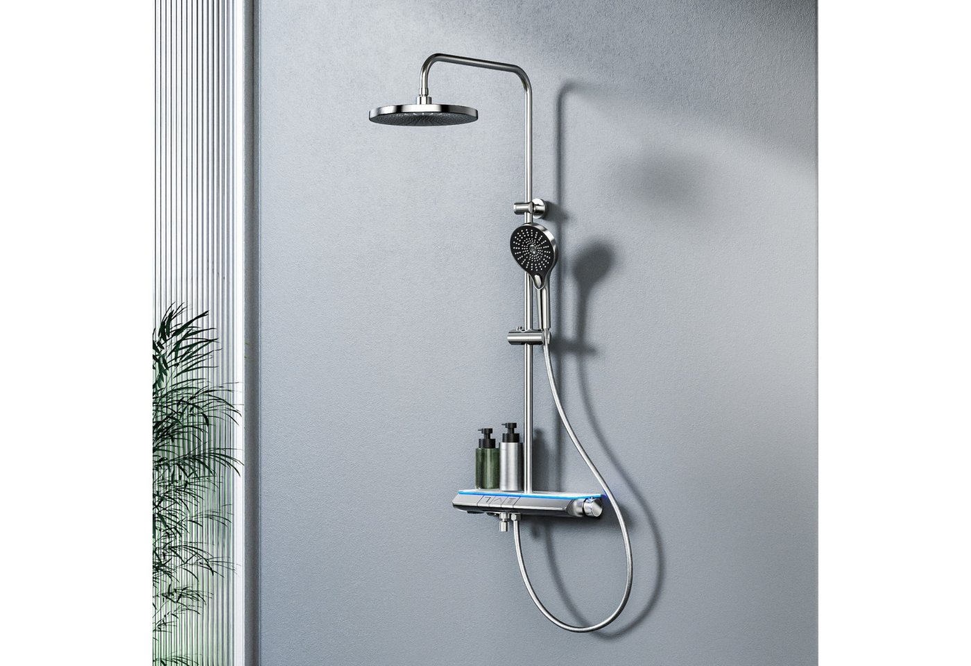 EMKE Duschsystem Thermostat Duschsystem Rund, Regendusche Set mit Ambiente-Licht, 3 Strahlart(en), Stangenbrause-Set Home Thermostat Duschset mit Duschstange