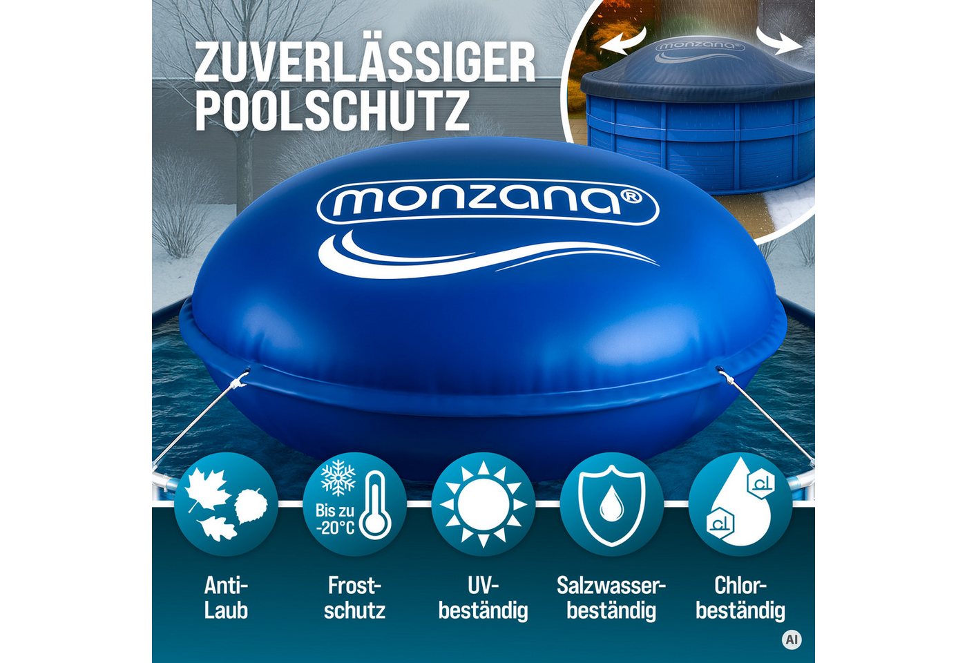 monzana Pool, 2m Winter Rund mit Seilen PVC Sicherheitsventil 6 Ösen Poolkissen Bild 2
