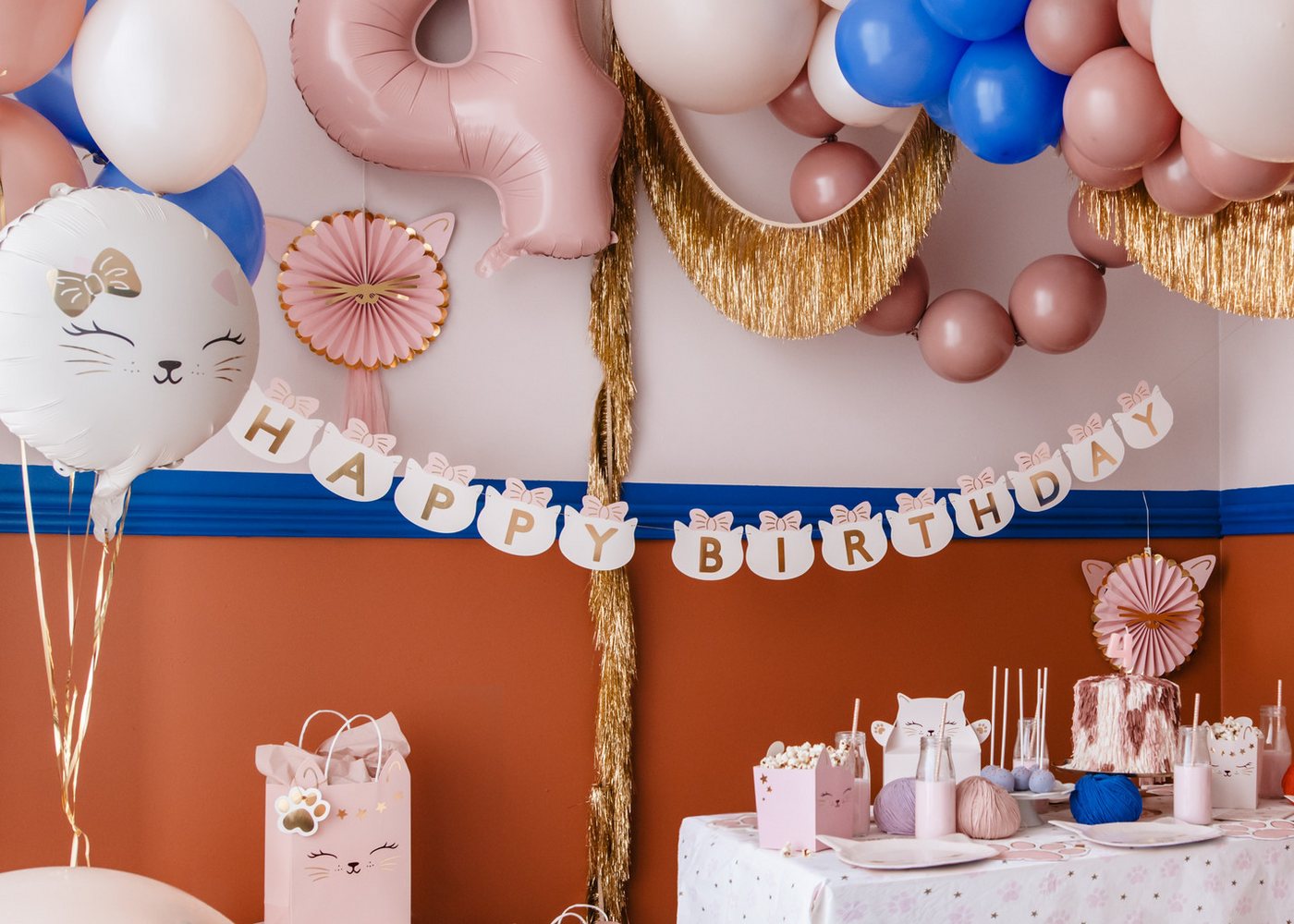partydeco Girlande Banner 'Happy Birthday Cats', 280 cm