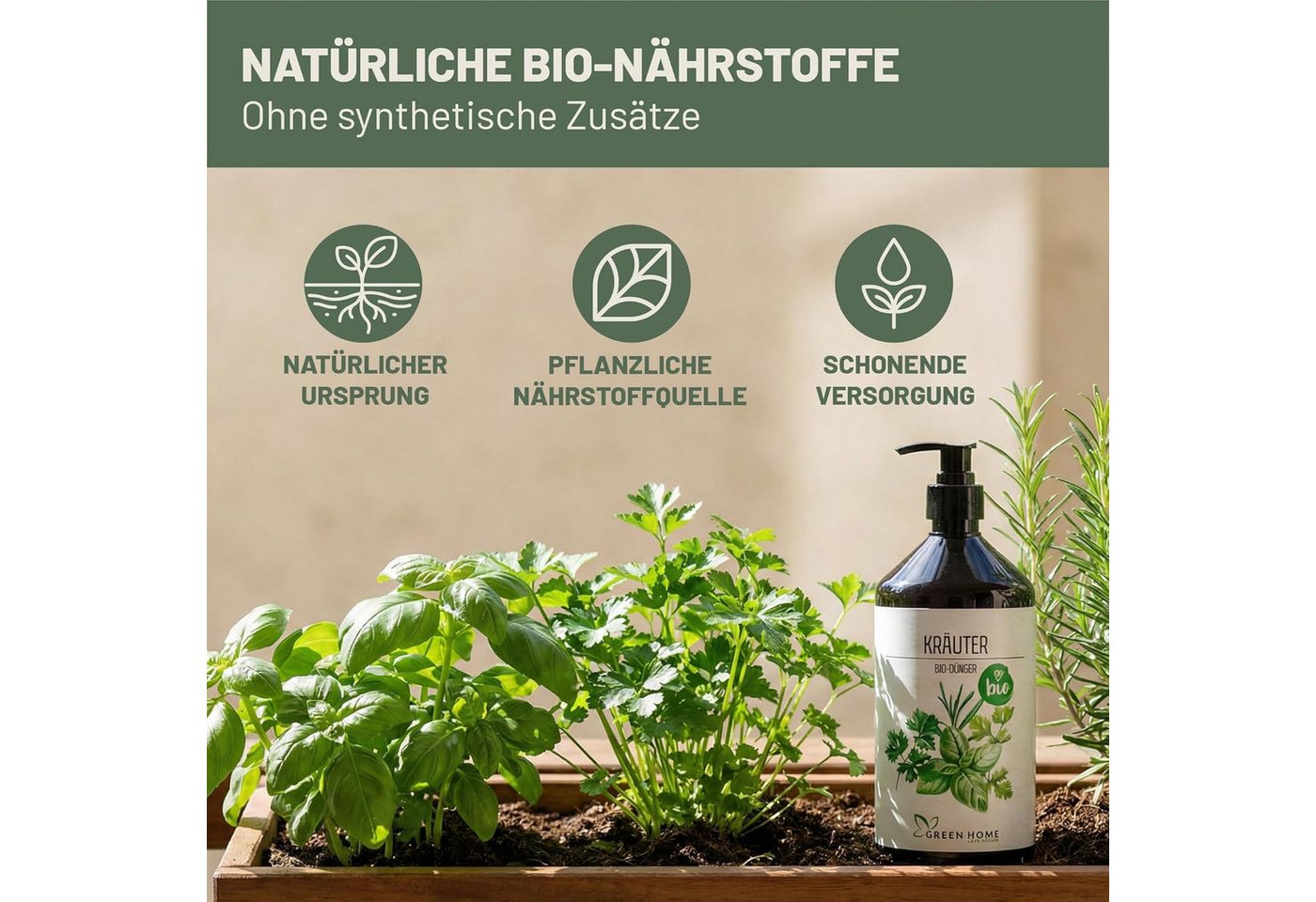 GREEN HOME LOVE NATURE Kräuterdünger Bio-Dünger flüssig NPK 3+2+6 für Kräuter, Basilikum & Rosmarin, Kräuter, 100 % bio, organisch-mineralisch, extra Kalium, Dosierpumpe