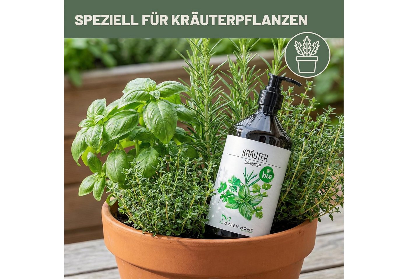 GREEN HOME LOVE NATURE Kräuterdünger Bio-Dünger flüssig NPK 3+2+6 für Kräuter, Basilikum & Rosmarin, Kräuter, 100 % bio, organisch-mineralisch, extra Kalium, Dosierpumpe Bild 2