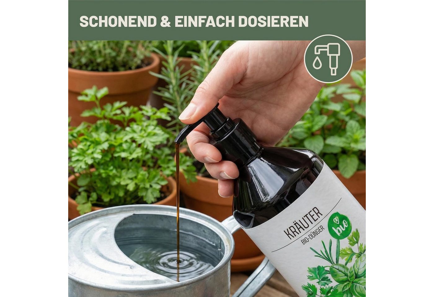 GREEN HOME LOVE NATURE Kräuterdünger Bio-Dünger flüssig NPK 3+2+6 für Kräuter, Basilikum & Rosmarin, Kräuter, 100 % bio, organisch-mineralisch, extra Kalium, Dosierpumpe Bild 5