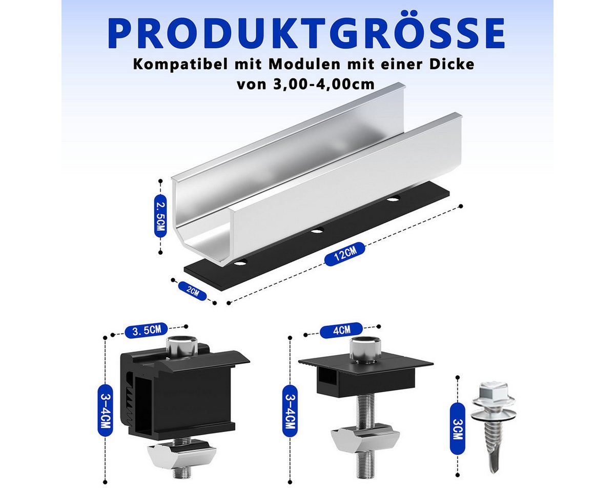 Rhein Beleuchtung Solarmodul-Halterung Balkonkraftwerk Halterung für 4 PV Module – Solarpanel Halterung, (bis 90 Zoll, Set, 10-tlg., 10 Schienen, 30–40 mm, für Balkon, Flachdach & PV-Anlagen, Halterung Balkonkraftwerk, verstellbar, Aluminium, rostfrei) Bild 2
