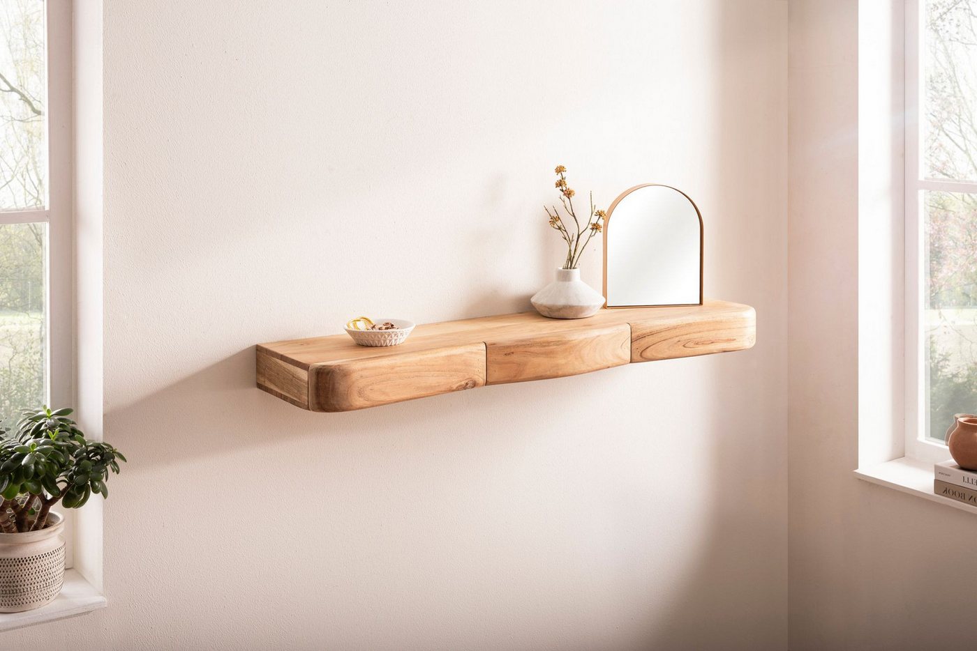 furnicato Wandregal Echtholz 100x20x8 cm Honigbraun, Verdeckter Stauraum mit Schubladen als Wandboard für dein Wohnzimmer