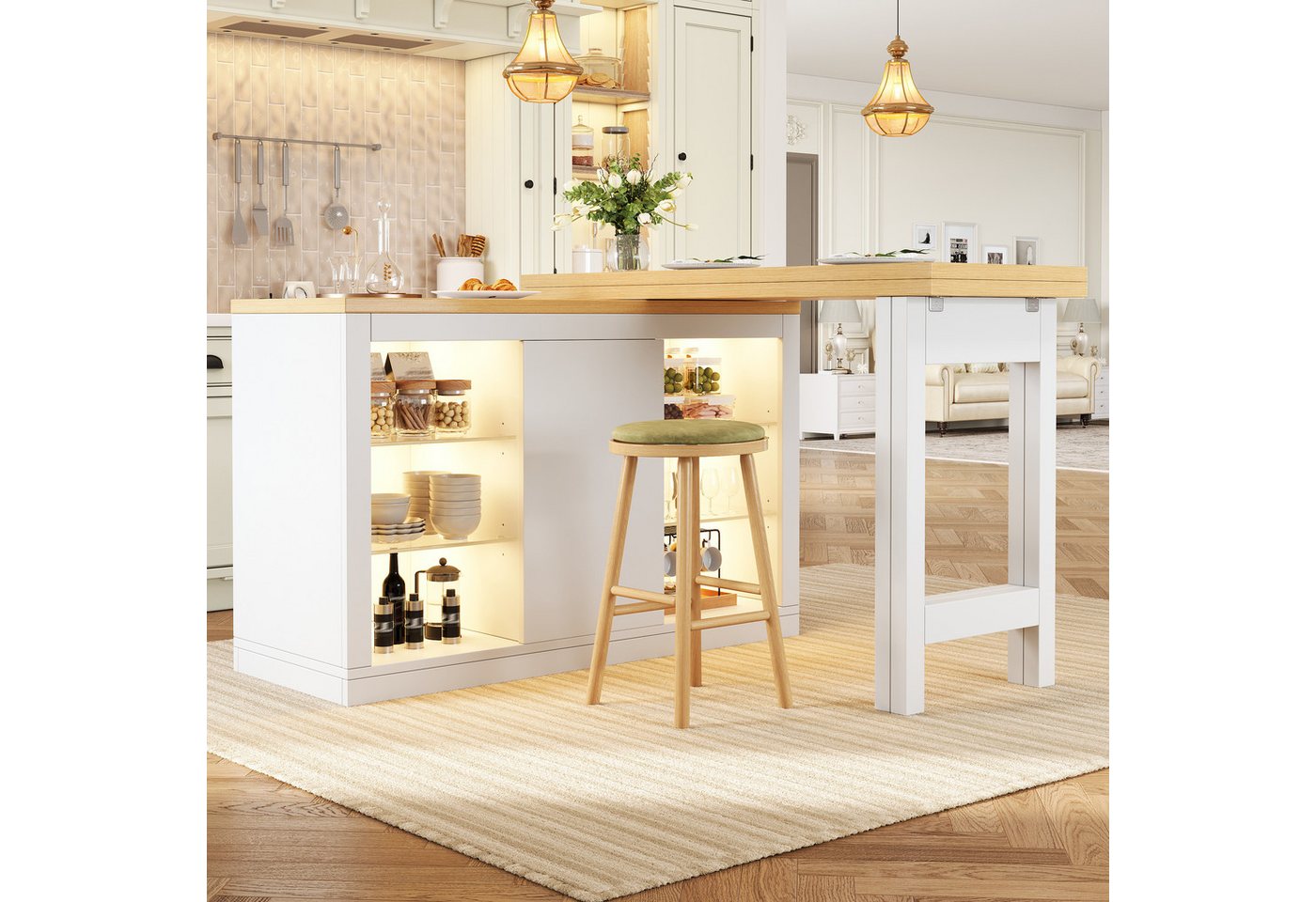 Celya Kücheninsel Ausziehbarer Esstisch mit App-steuerbarer RGB-LED, 360° drehbar, (mit magnetischen Türen und Glas-Einlegeböden), Ideal für Küche, belastbar bis 60kg