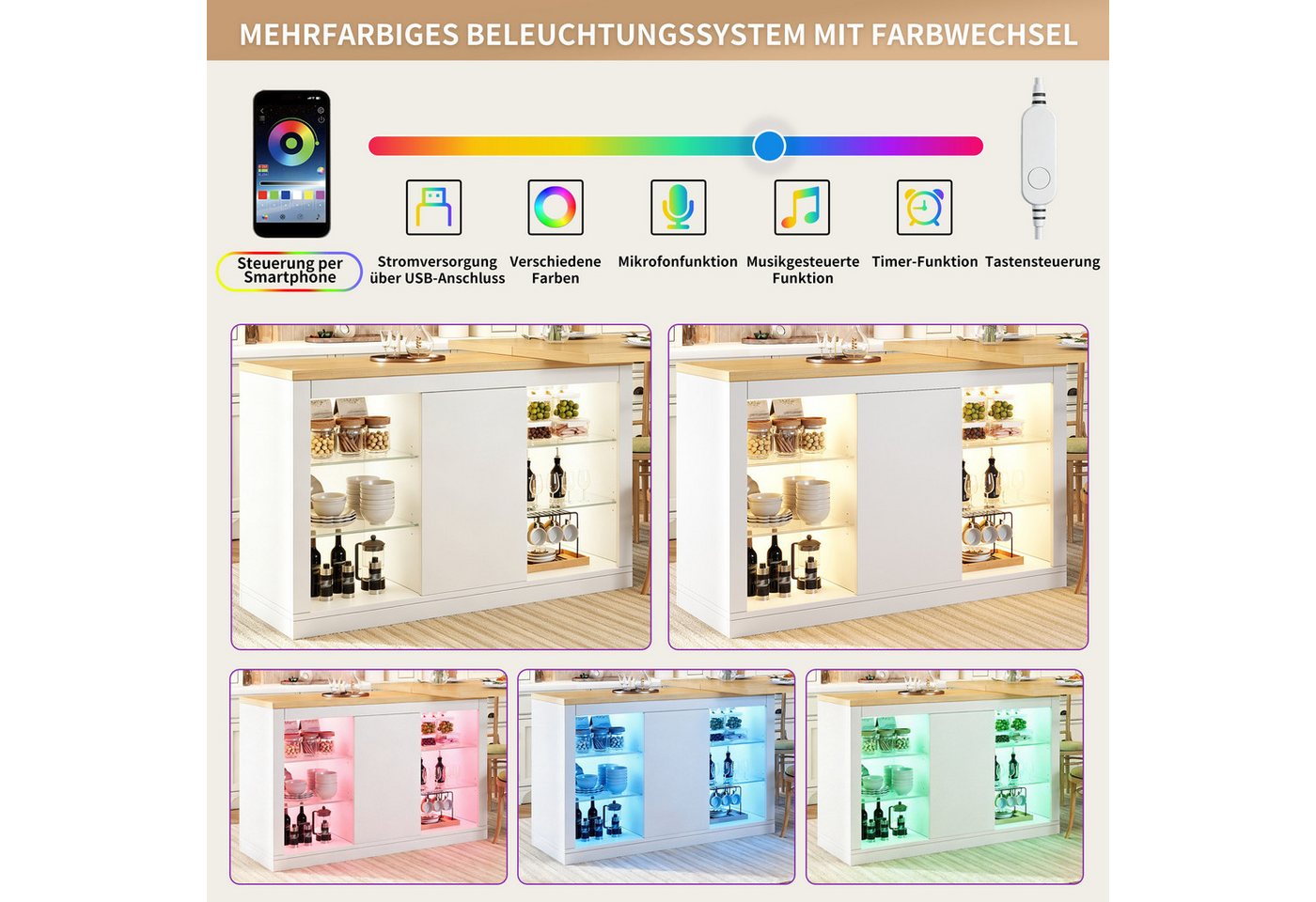 Celya Kücheninsel Ausziehbarer Esstisch mit App-steuerbarer RGB-LED, 360° drehbar, (mit magnetischen Türen und Glas-Einlegeböden), Ideal für Küche, belastbar bis 60kg Bild 2