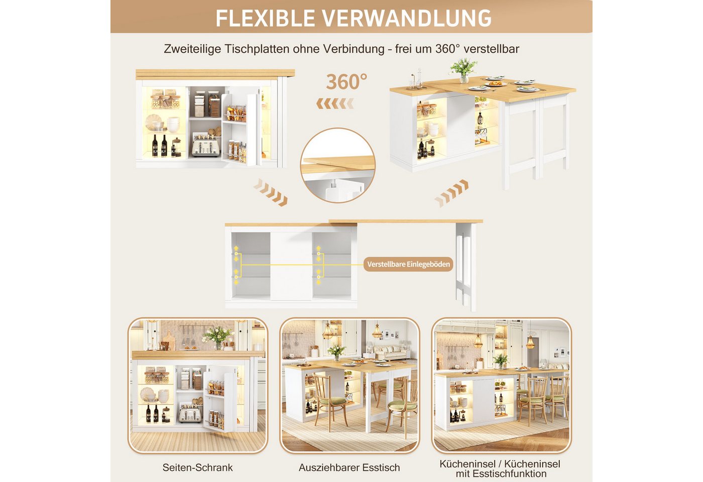 Celya Kücheninsel Ausziehbarer Esstisch mit App-steuerbarer RGB-LED, 360° drehbar, (mit magnetischen Türen und Glas-Einlegeböden), Ideal für Küche, belastbar bis 60kg Bild 4