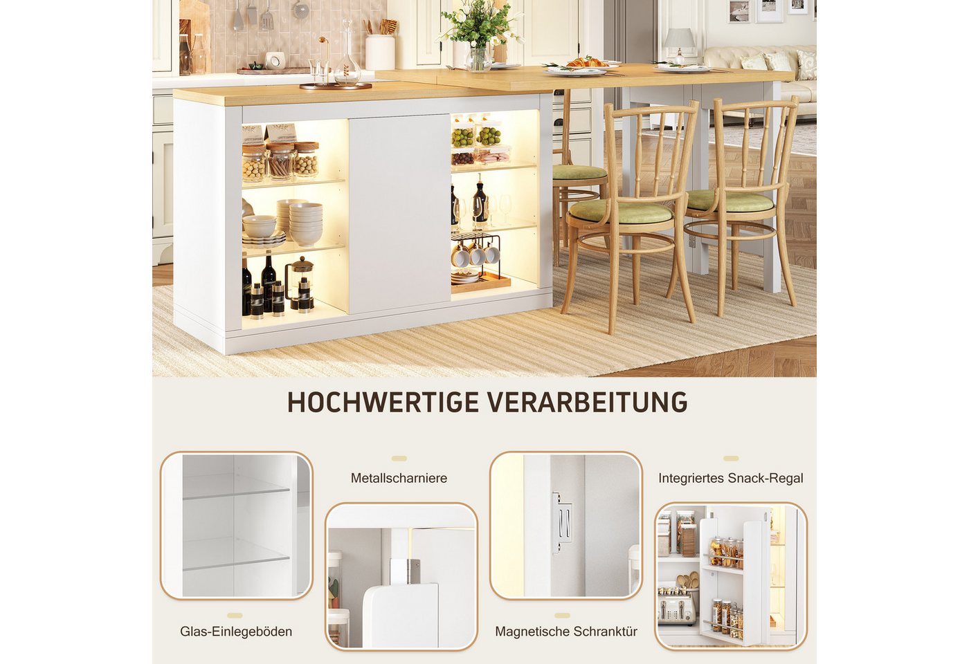 Celya Kücheninsel Ausziehbarer Esstisch mit App-steuerbarer RGB-LED, 360° drehbar, (mit magnetischen Türen und Glas-Einlegeböden), Ideal für Küche, belastbar bis 60kg Bild 5