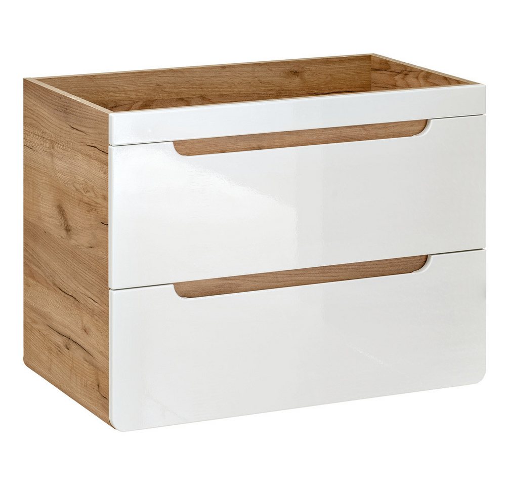 Lomadox Badmöbel-Set LUTON-56, (Spar-Set, 3-St., Hängeschrank Spiegelschrank Waschbecken Waschbeckenschrank), Hochglanz weiß mit Wotan Eiche, LED-Beleuchtung, Waschtisch 80 cm Bild 2