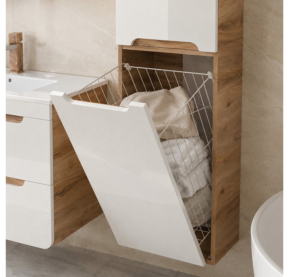 Lomadox Badmöbel-Set LUTON-56, (Spar-Set, 3-St., Hängeschrank Spiegelschrank Waschbecken Waschbeckenschrank), Hochglanz weiß mit Wotan Eiche, LED-Beleuchtung, Waschtisch 80 cm Bild 3