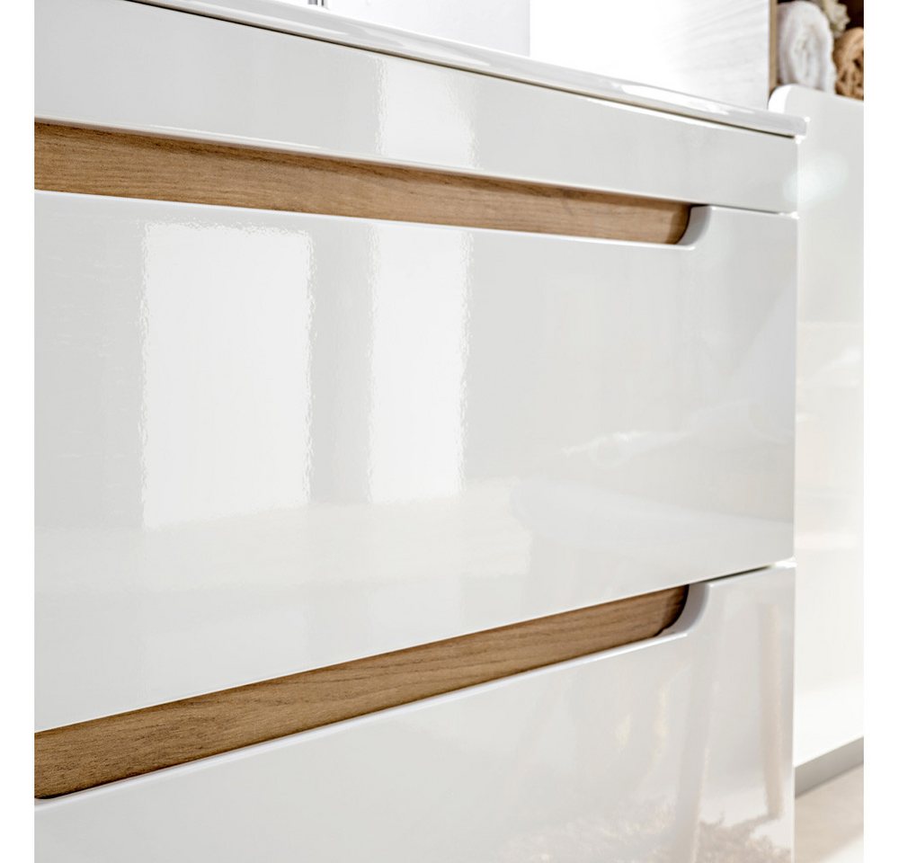 Lomadox Badmöbel-Set LUTON-56, (Spar-Set, 3-St., Hängeschrank Spiegelschrank Waschbecken Waschbeckenschrank), Hochglanz weiß mit Wotan Eiche, LED-Beleuchtung, Waschtisch 80 cm Bild 4