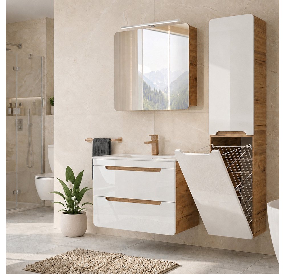 Lomadox Badmöbel-Set LUTON-56, (Spar-Set, 3-St., Hängeschrank Spiegelschrank Waschbecken Waschbeckenschrank), Hochglanz weiß mit Wotan Eiche, LED-Beleuchtung, Waschtisch 80 cm Bild 5