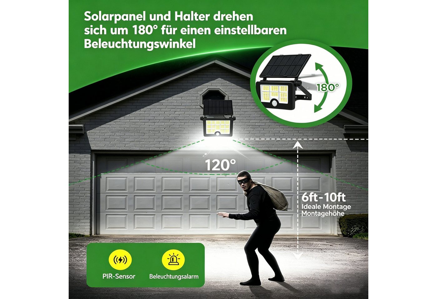 Fyrove LED Solarleuchte Außen-Wandleuchte LED Solarlampe Solar Strahler mit Bewegungsmelder, LED fest integriert, 232 LEDs Drehbar Solarleuchte, IP65 Wasserdicht Solar Garten Fluter