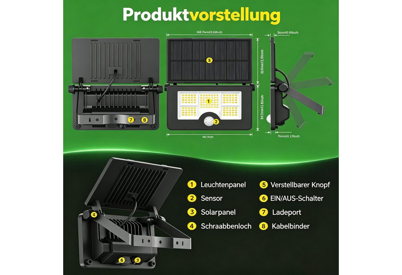 Fyrove LED Solarleuchte Außen-Wandleuchte LED Solarlampe Solar Strahler mit Bewegungsmelder, LED fest integriert, 232 LEDs Drehbar Solarleuchte, IP65 Wasserdicht Solar Garten Fluter Bild 5