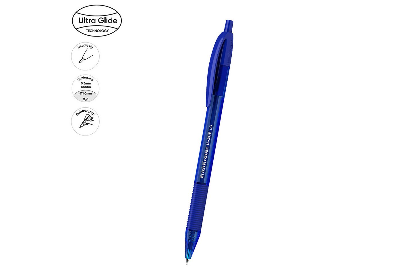 Erich Krause Kugelschreiber, Druckkugelschreiber U-209 0,3mm mit Gummigriff 1 Stück Blau