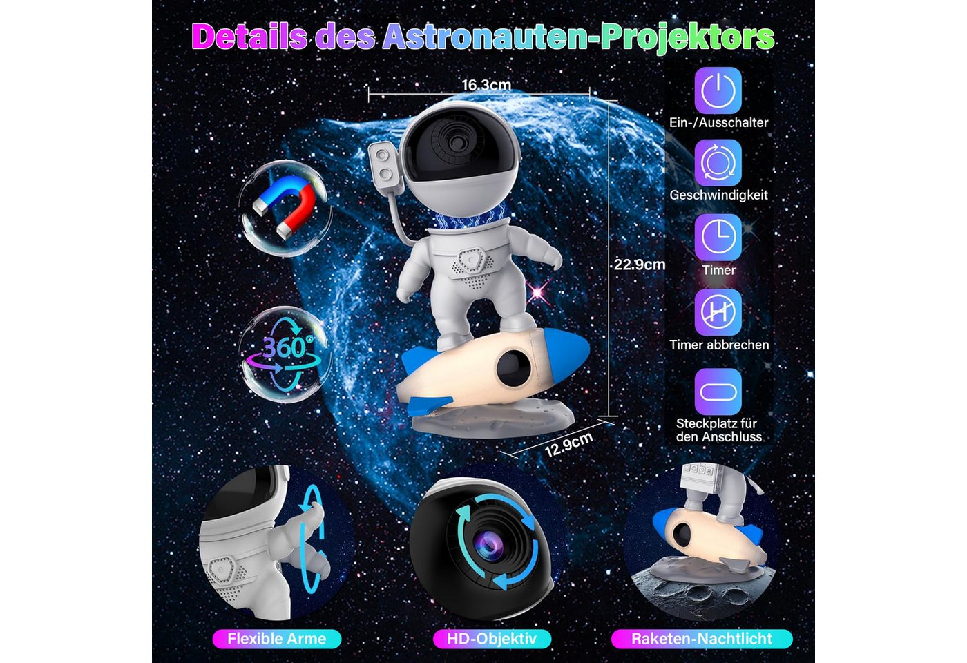 ANYSUN LED-Sternenhimmel Astronaut Sternenhimmel Projektor, Galaxy Projektor, Nachttischlampe mit 13 Galaxie-Projektionen 9 Nachtlichtfarben, Zimmer Deko Schlafzimmer, Geburtstag für Jungen Mädchen und Erwachsene