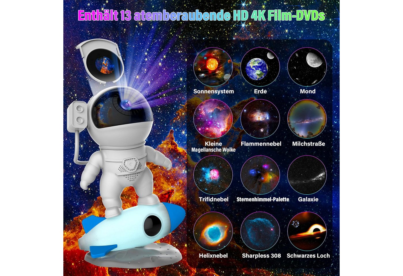 ANYSUN LED-Sternenhimmel Astronaut Sternenhimmel Projektor, Galaxy Projektor, Nachttischlampe mit 13 Galaxie-Projektionen 9 Nachtlichtfarben, Zimmer Deko Schlafzimmer, Geburtstag für Jungen Mädchen und Erwachsene Bild 3
