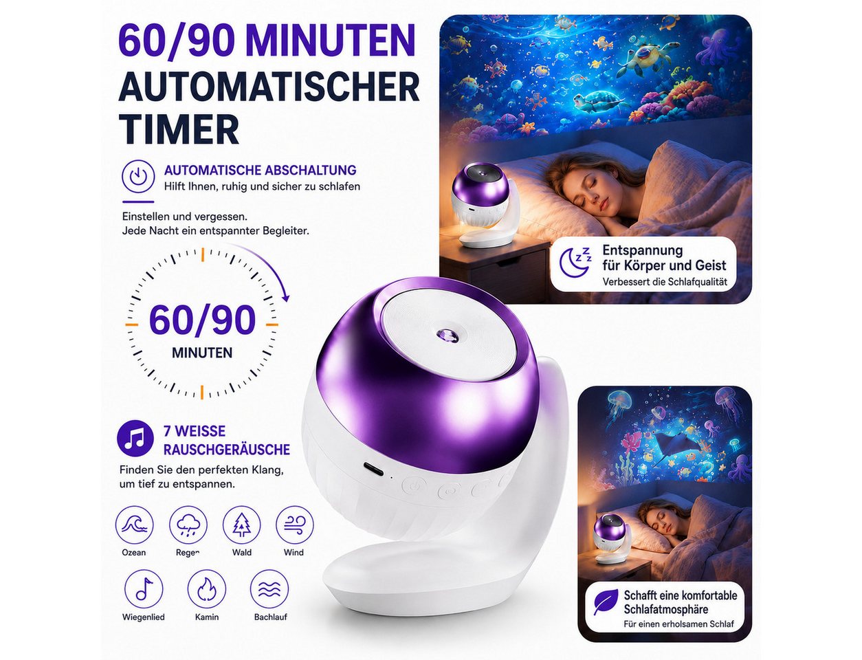 Vornix Projektionslampe Sternenhimmel Projektor mit 24 Projektionsmotiven, 4 Themenwelten, 7 beruhigenden Klängen, 60/90-Min.-Timer, USB-C, verstellbar Bild 2