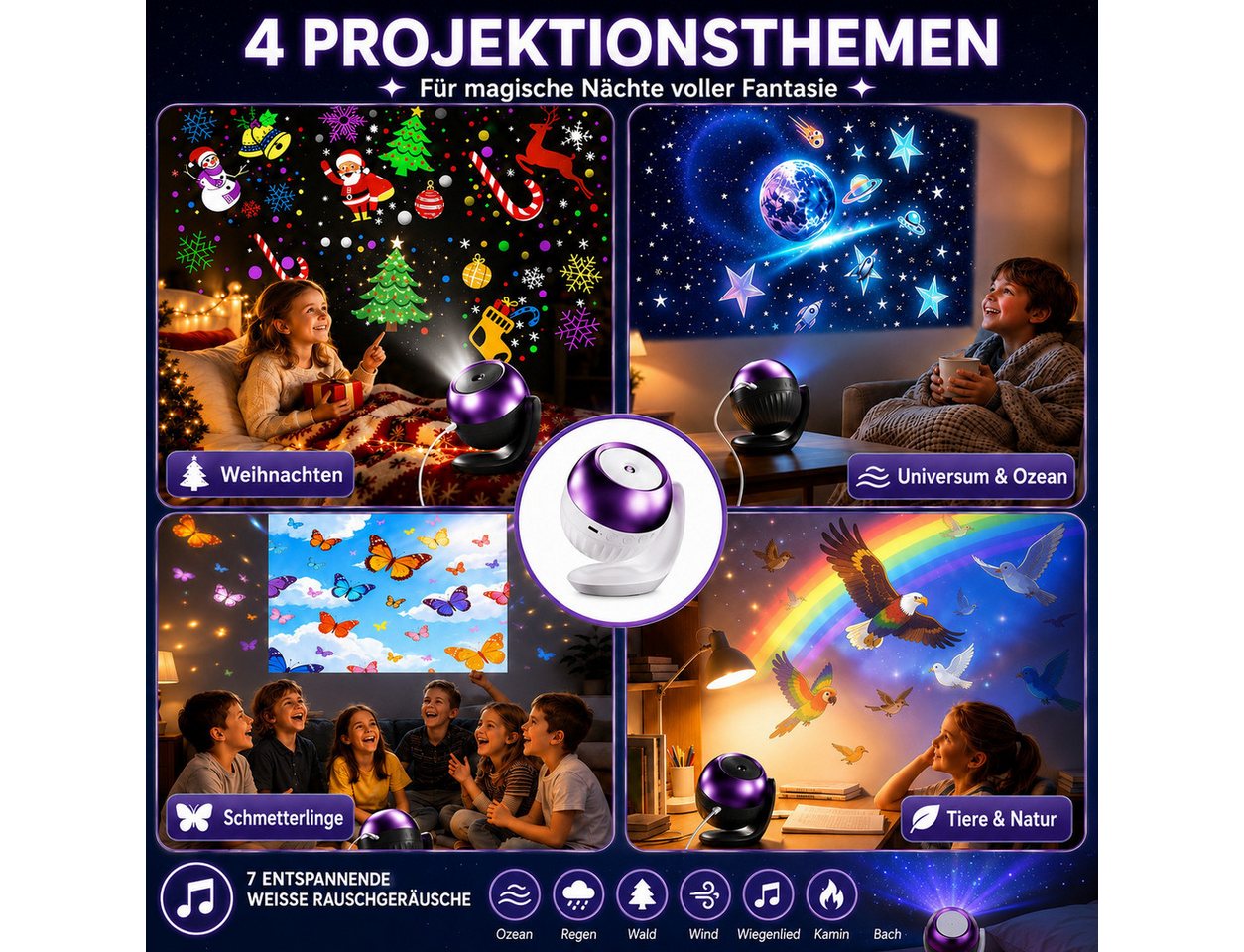 Vornix Projektionslampe Sternenhimmel Projektor mit 24 Projektionsmotiven, 4 Themenwelten, 7 beruhigenden Klängen, 60/90-Min.-Timer, USB-C, verstellbar Bild 3