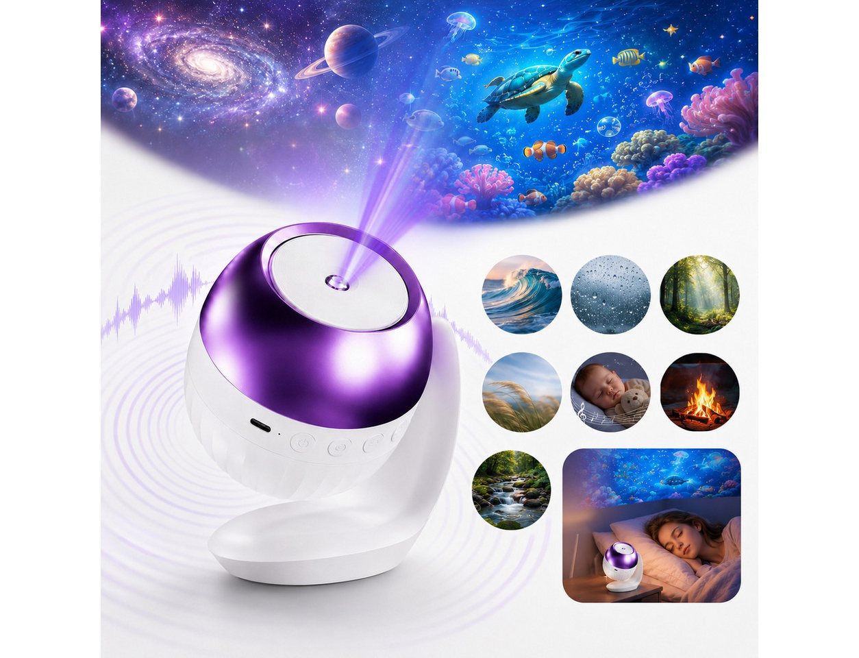 Vornix Projektionslampe Sternenhimmel Projektor mit 24 Projektionsmotiven, 4 Themenwelten, 7 beruhigenden Klängen, 60/90-Min.-Timer, USB-C, verstellbar Bild 4