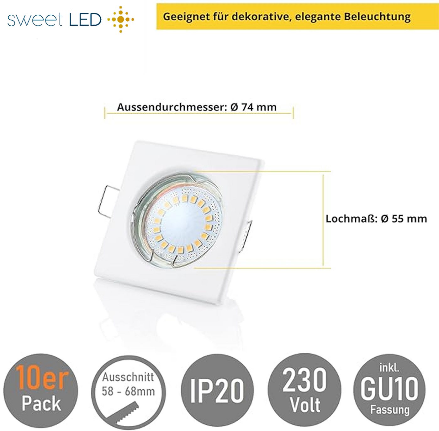 Sweet LED LED Einbaustrahler 10er Set GU10 5W Deckenspots eckig weiß-matt 230V, LED fest integriert, 3000K-Warmweiß, Deckenspots, Deckenstrahler, Einbauleuchten