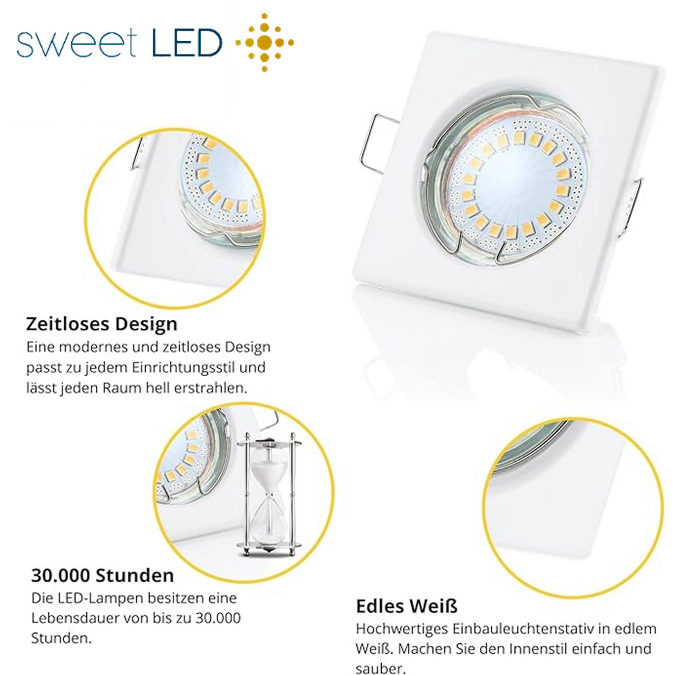 Sweet LED LED Einbaustrahler 10er Set GU10 5W Deckenspots eckig weiß-matt 230V, LED fest integriert, 3000K-Warmweiß, Deckenspots, Deckenstrahler, Einbauleuchten Bild 2