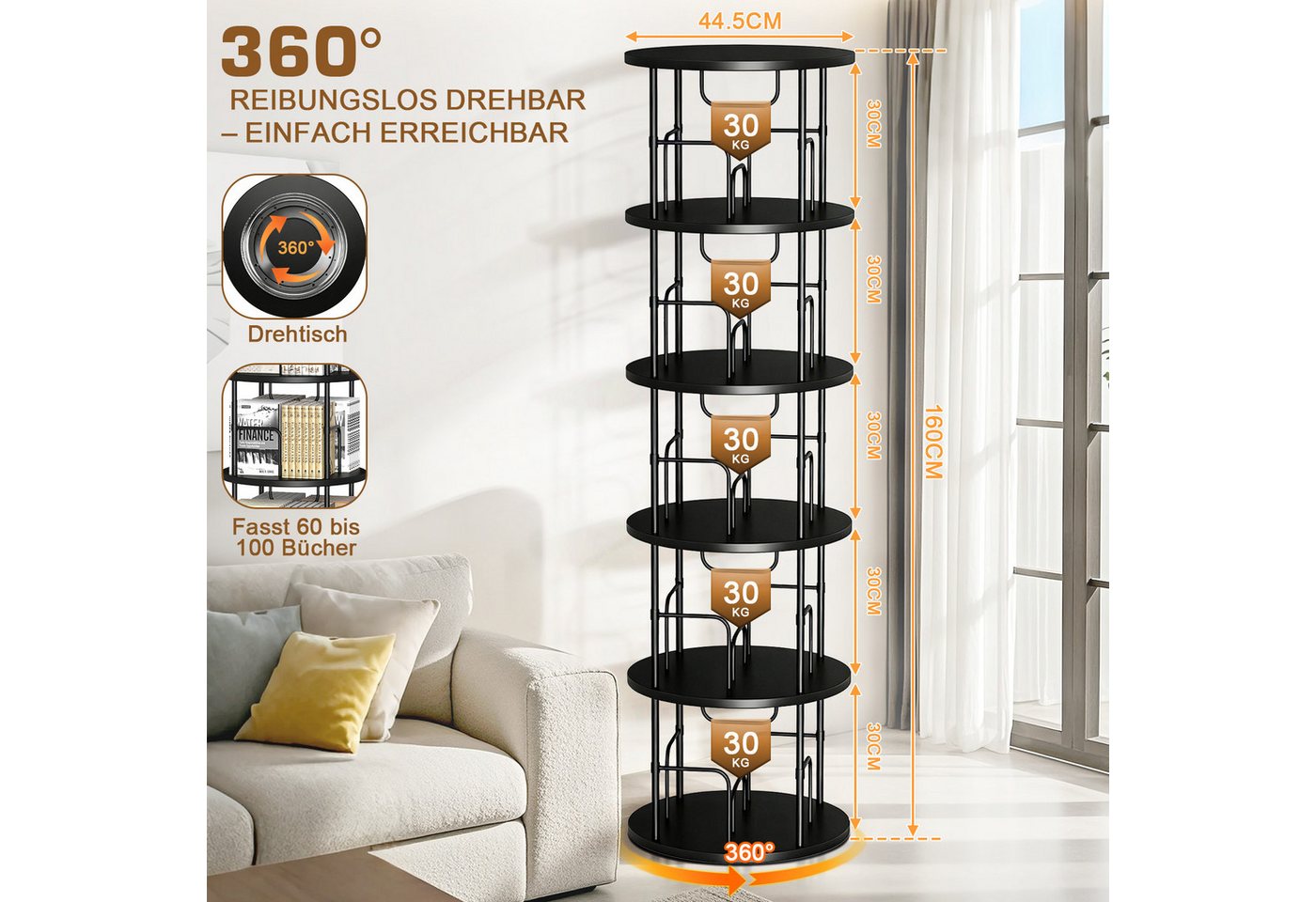 XERSEK Bücherregal 5 Ebenen 360° Drehbares Bookshelf Bodenstehendes Bücherschrank, 1.6m Aufbewahrungsregal Eckregal Spielzeugregal, für Kinderzimmer Wohnzimmer Schlafzimmer Büro Aufbewahrung