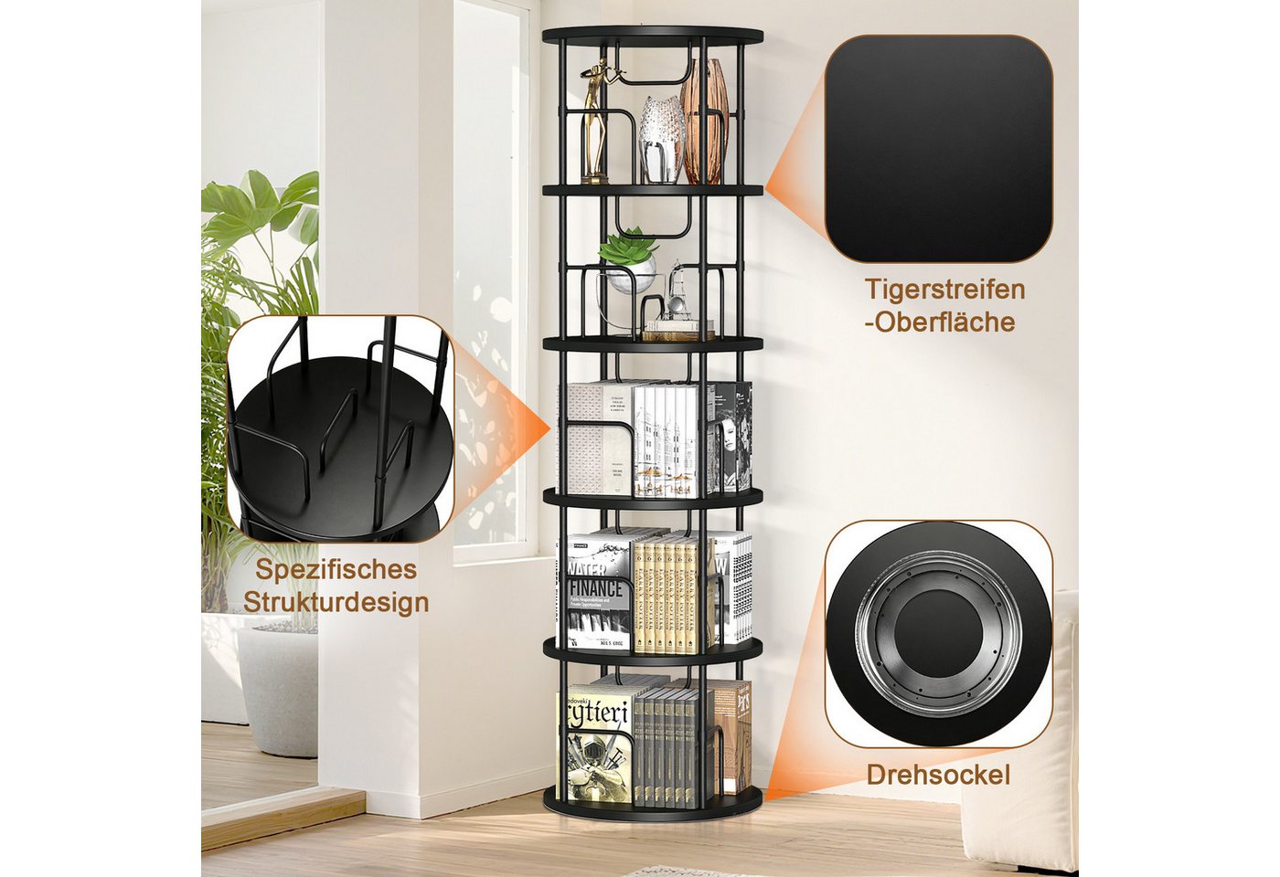 XERSEK Bücherregal 5 Ebenen 360° Drehbares Bookshelf Bodenstehendes Bücherschrank, 1.6m Aufbewahrungsregal Eckregal Spielzeugregal, für Kinderzimmer Wohnzimmer Schlafzimmer Büro Aufbewahrung Bild 2