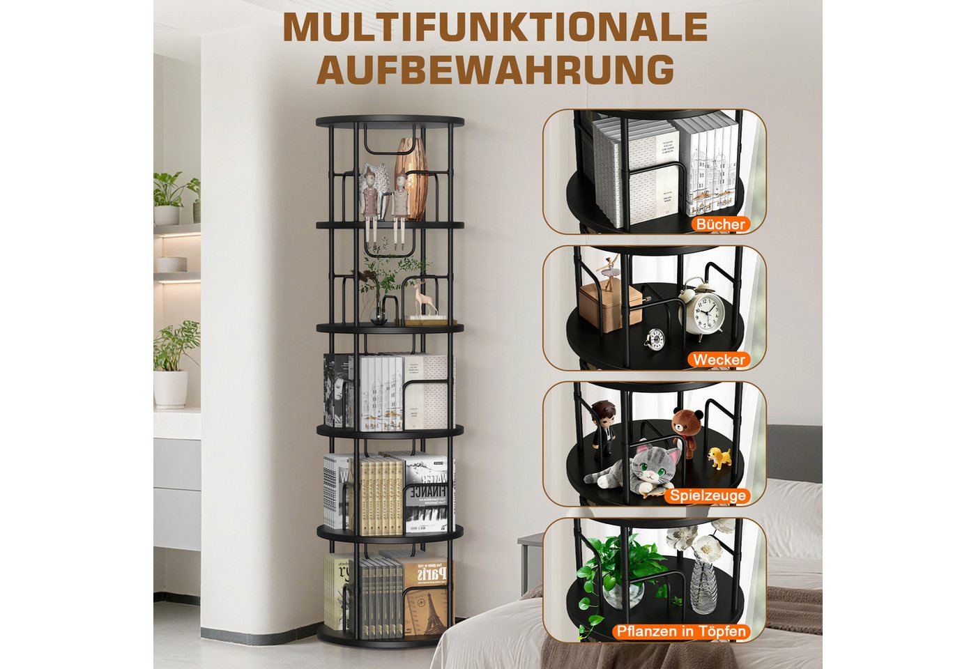 XERSEK Bücherregal 5 Ebenen 360° Drehbares Bookshelf Bodenstehendes Bücherschrank, 1.6m Aufbewahrungsregal Eckregal Spielzeugregal, für Kinderzimmer Wohnzimmer Schlafzimmer Büro Aufbewahrung Bild 5