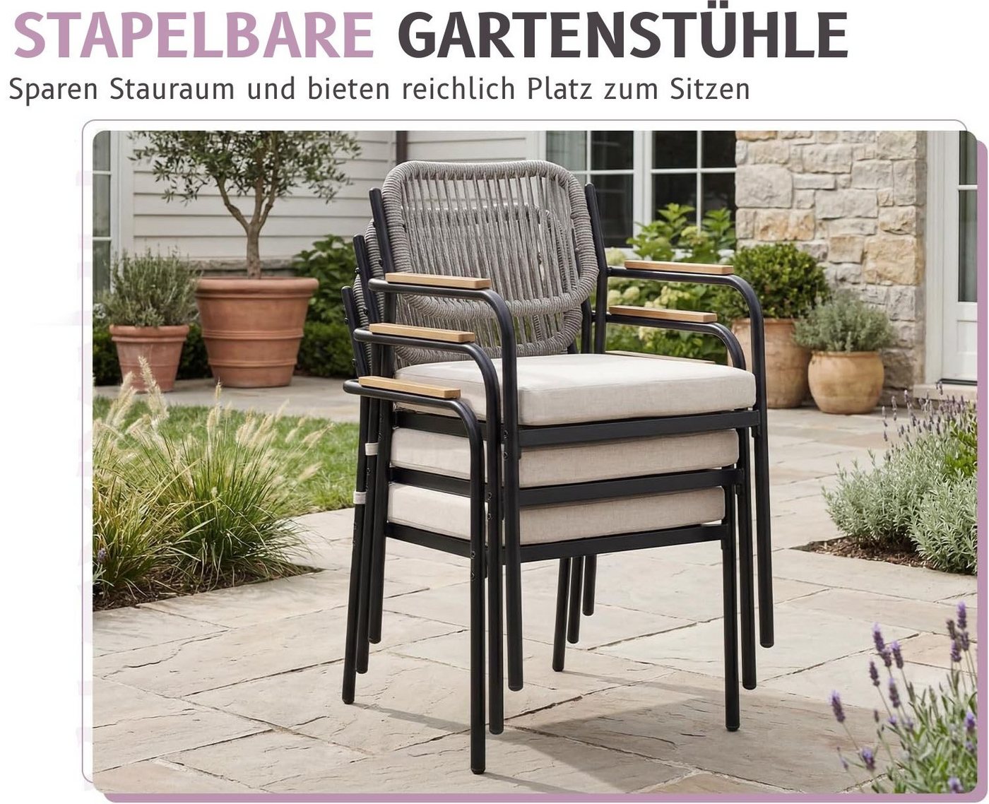 WAHSON OFFICE CHAIRS Gartenstuhl 2/4er Set wetterfester Gartensessel mit 8 cm Sitzkissen,Außenbereich (4 St)