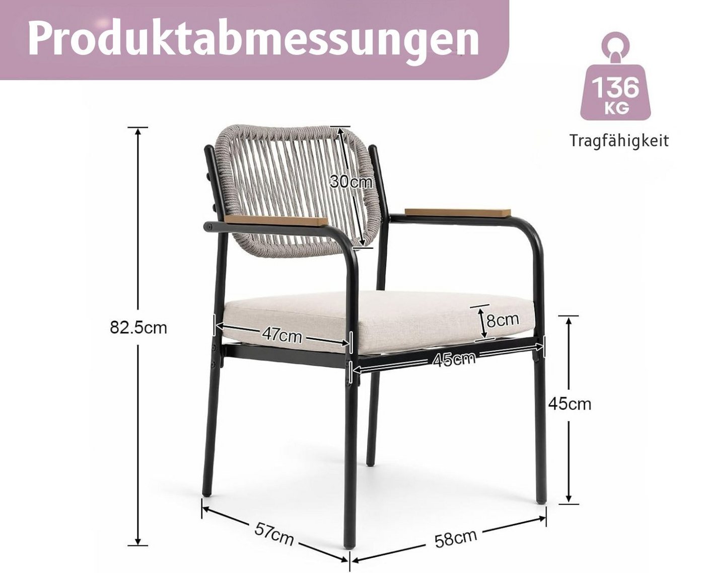 WAHSON OFFICE CHAIRS Gartenstuhl 2/4er Set wetterfester Gartensessel mit 8 cm Sitzkissen,Außenbereich (4 St) Bild 2