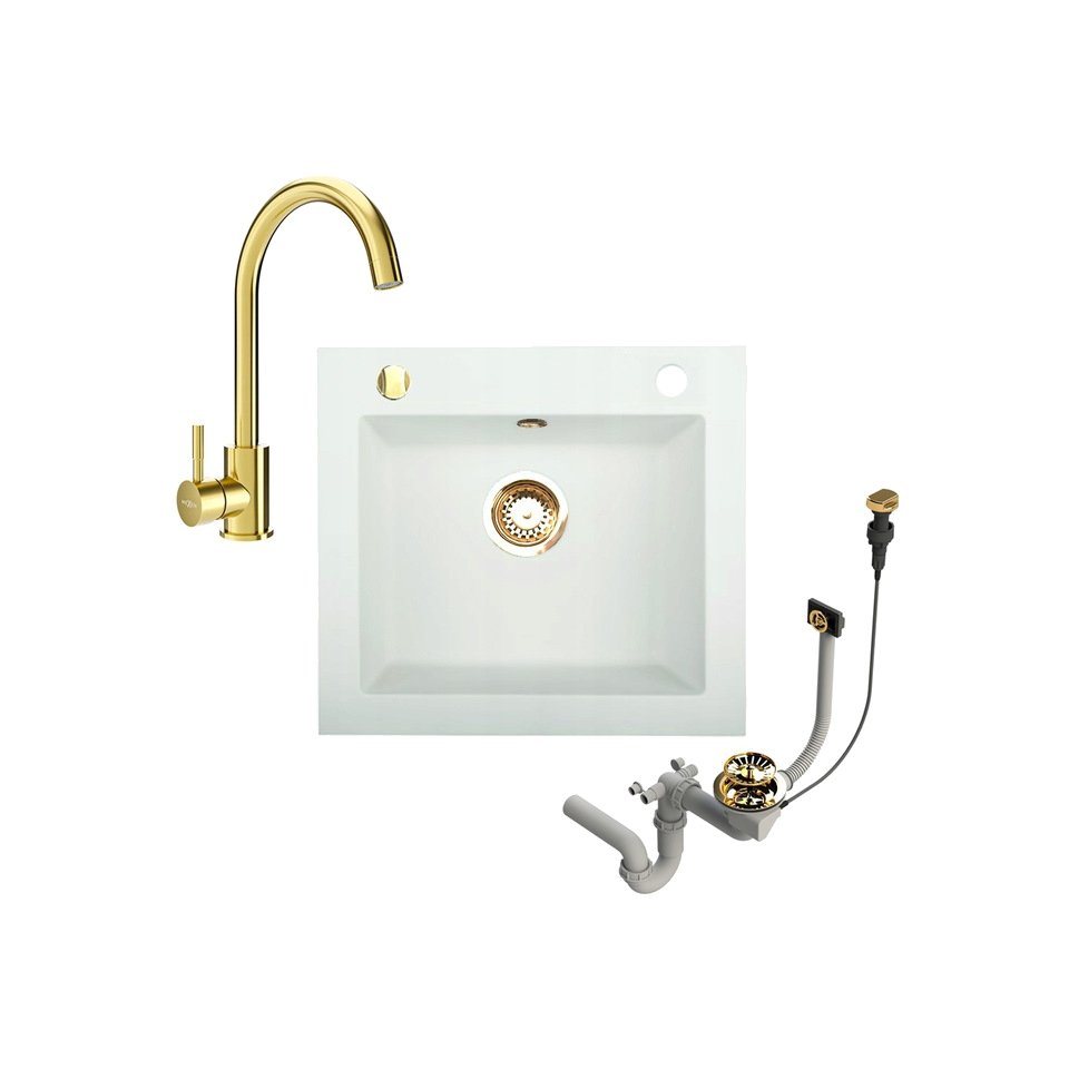 manestein Granitspüle Weiß Spülbecken, Granit Küchenspüle mit Gold Armatur und Siphon, Rechteckig, (Komplett-Set, inklusive Ablaufgarnitur mit Excenterbetatigung, inklusive Armatur), Ablaufgarnitur mit Excenterbetätigung Bild 3